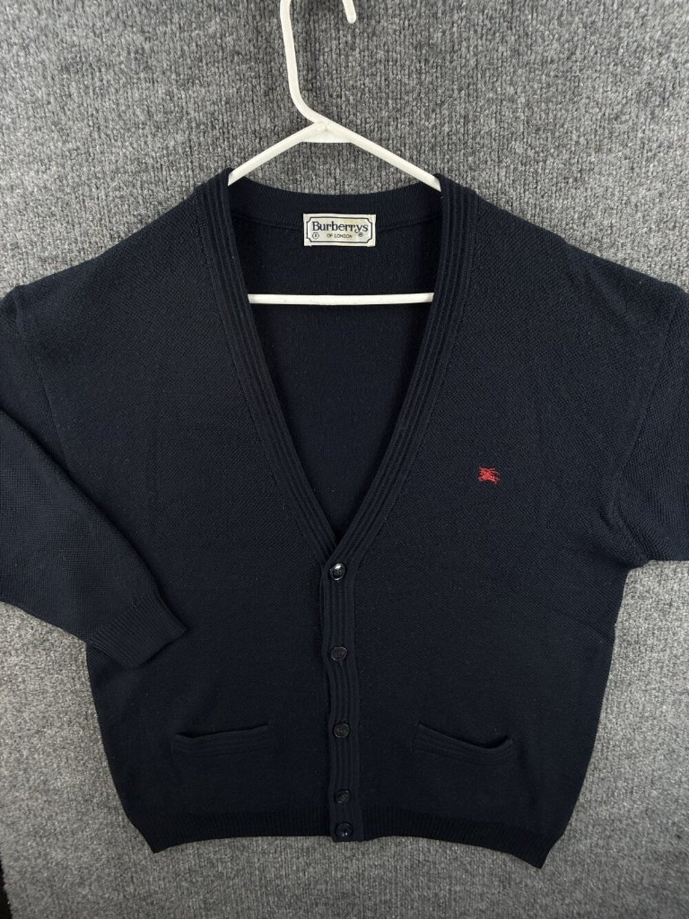 Burberry Navy Blue Cardigan V-Neck Sweater Logo 8 Men Solid Knit Long Sleeve